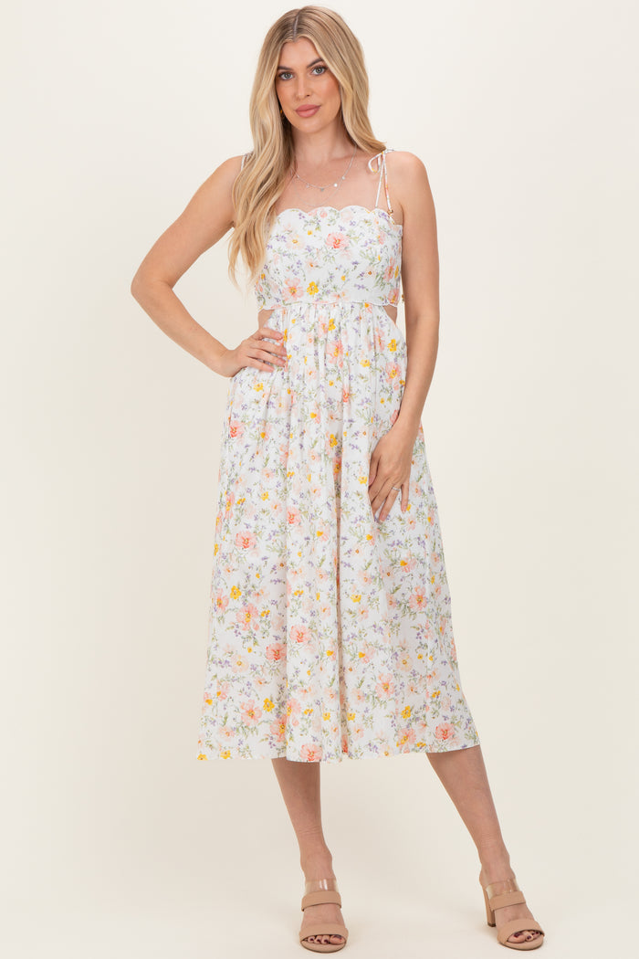 White Floral Shoulder Tie Cutout Maternity Midi Dress