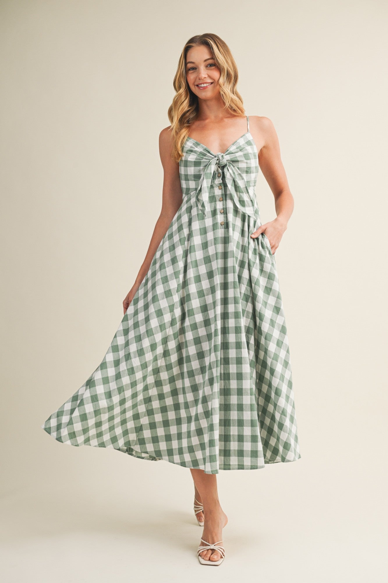Basil Gingham Tie Front Racerback Maternity Midi Dress