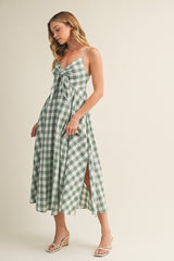 Basil Gingham Tie Front Racerback Midi Dress