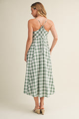 Basil Gingham Tie Front Racerback Midi Dress