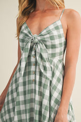 Basil Gingham Tie Front Racerback Midi Dress