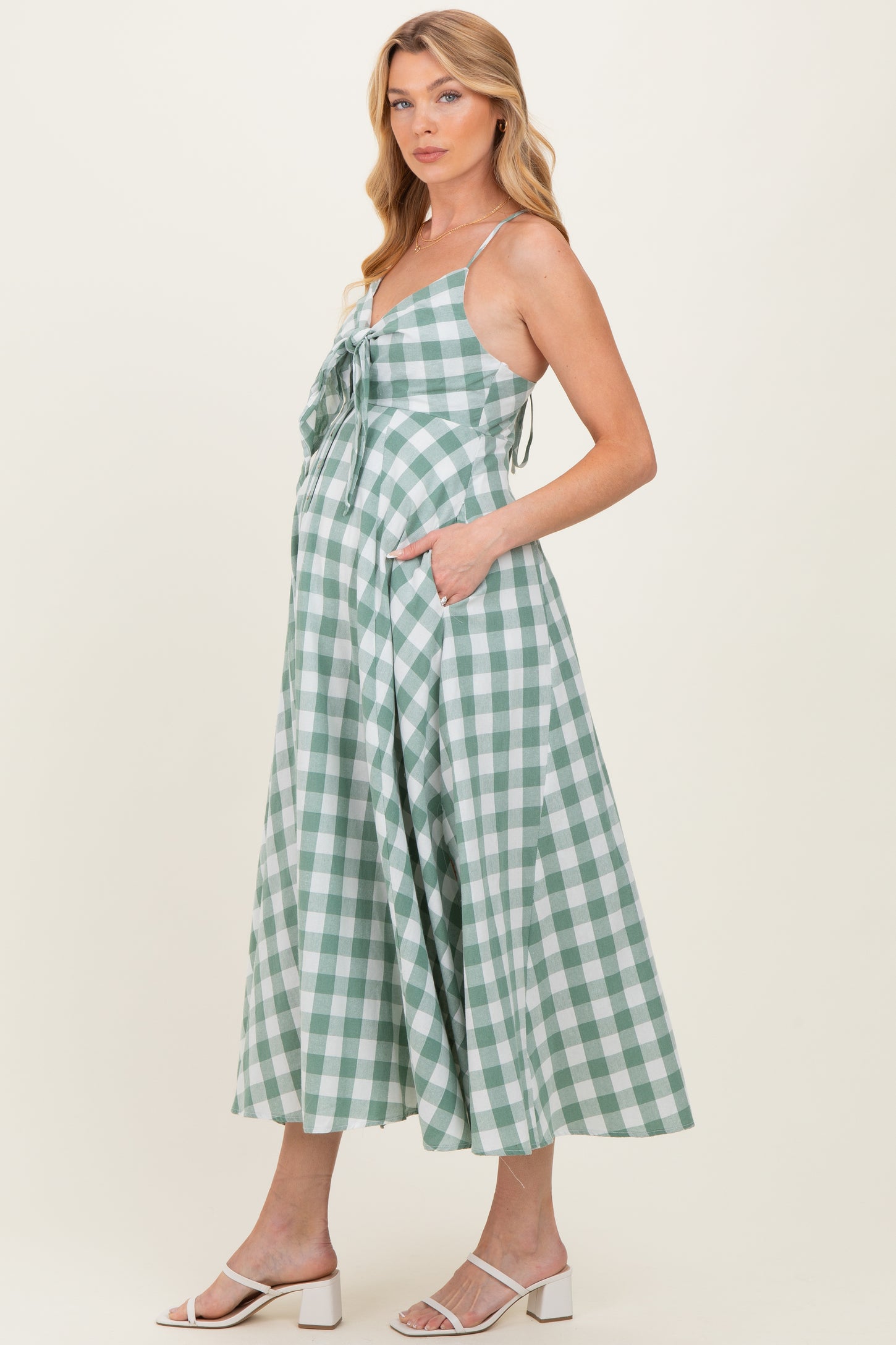 Basil Gingham Tie Front Racerback Maternity Midi Dress