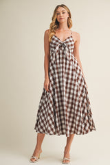 Chocolate Gingham Tie Front Racerback Maternity Midi Dress