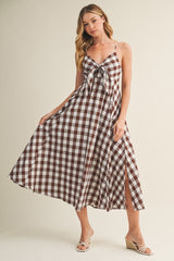Chocolate Gingham Tie Front Racerback Midi Dress