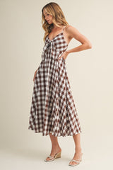 Chocolate Gingham Tie Front Racerback Midi Dress