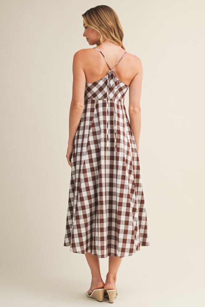 Chocolate Gingham Tie Front Racerback Midi Dress