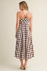 Chocolate Gingham Tie Front Racerback Midi Dress