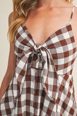 Chocolate Gingham Tie Front Racerback Midi Dress