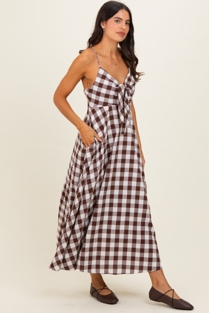 Chocolate Gingham Tie Front Racerback Midi Dress