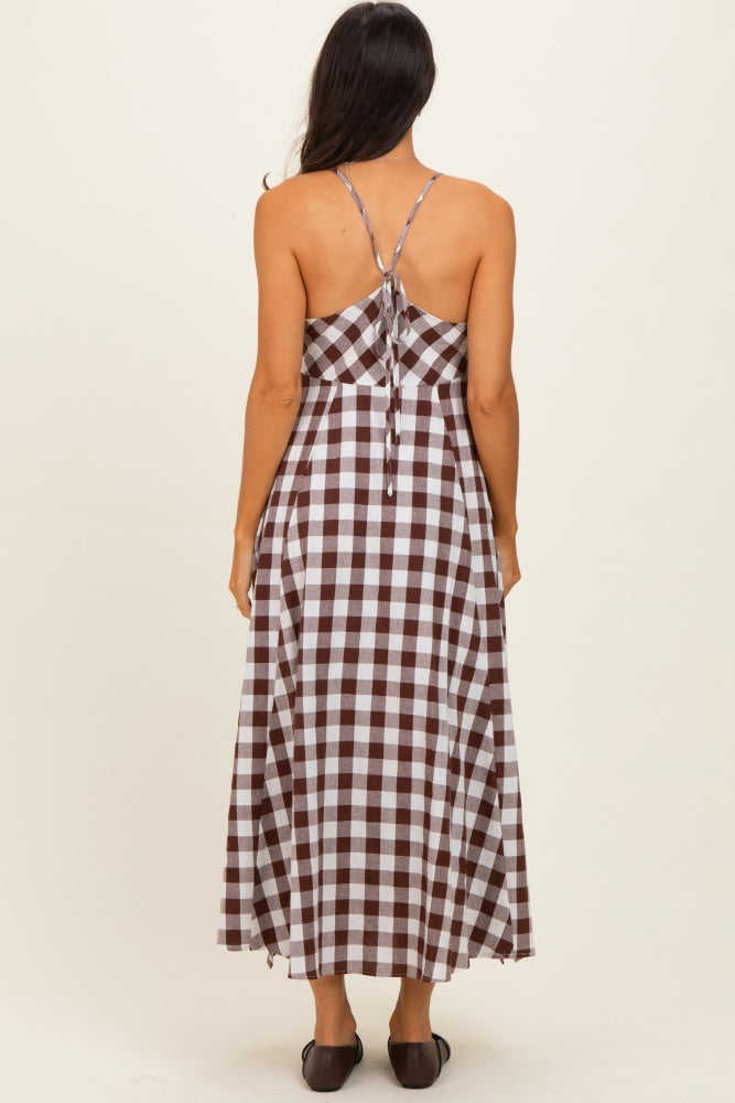 Chocolate Gingham Tie Front Racerback Midi Dress