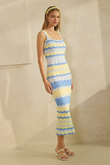 Light Blue Crochet Knit Striped Tank Dress