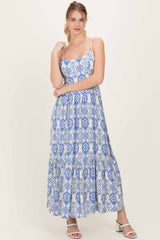 Blue Printed Cutout Tie Back Maxi Dress