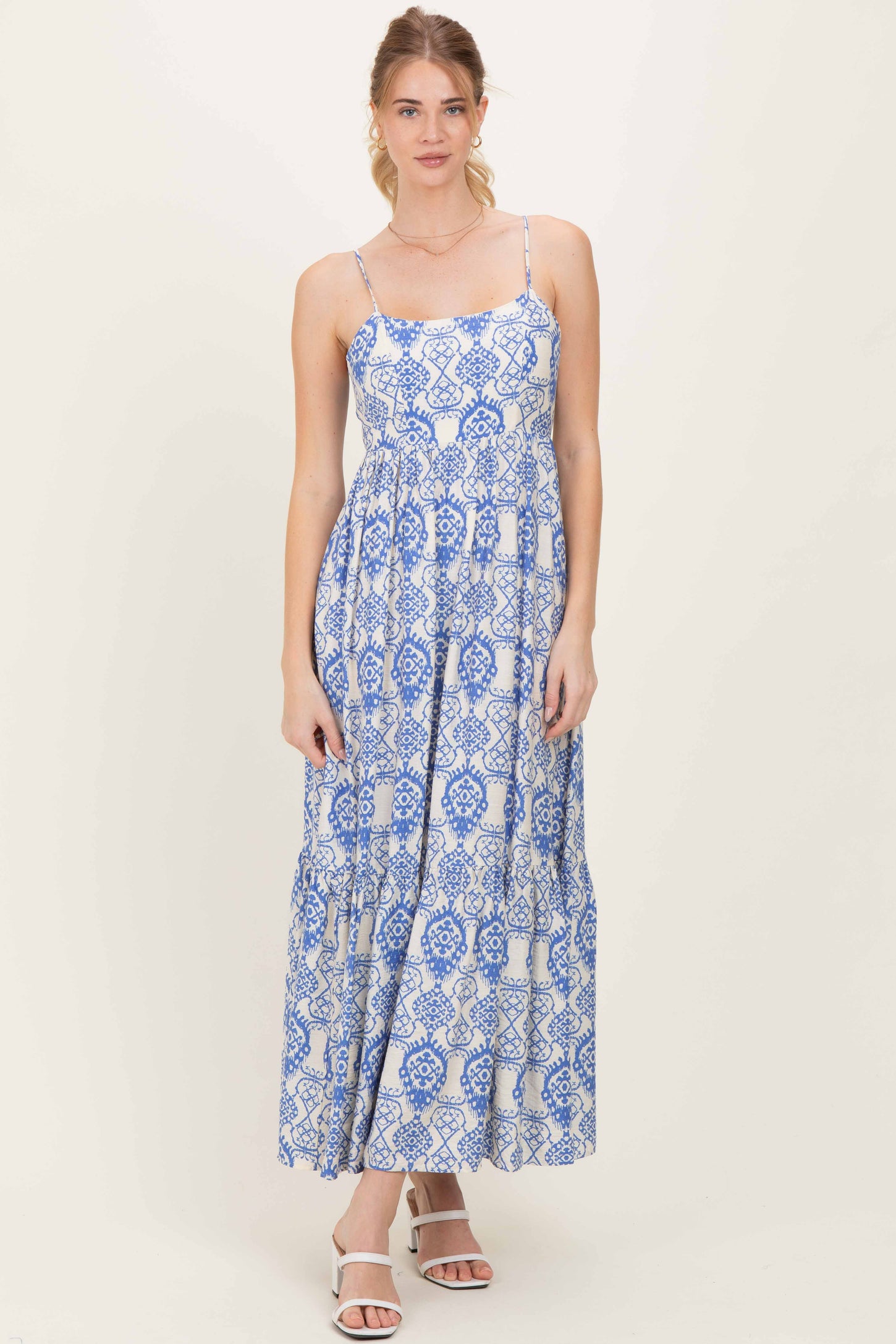 Blue Printed Cutout Tie Back Maternity Maxi Dress
