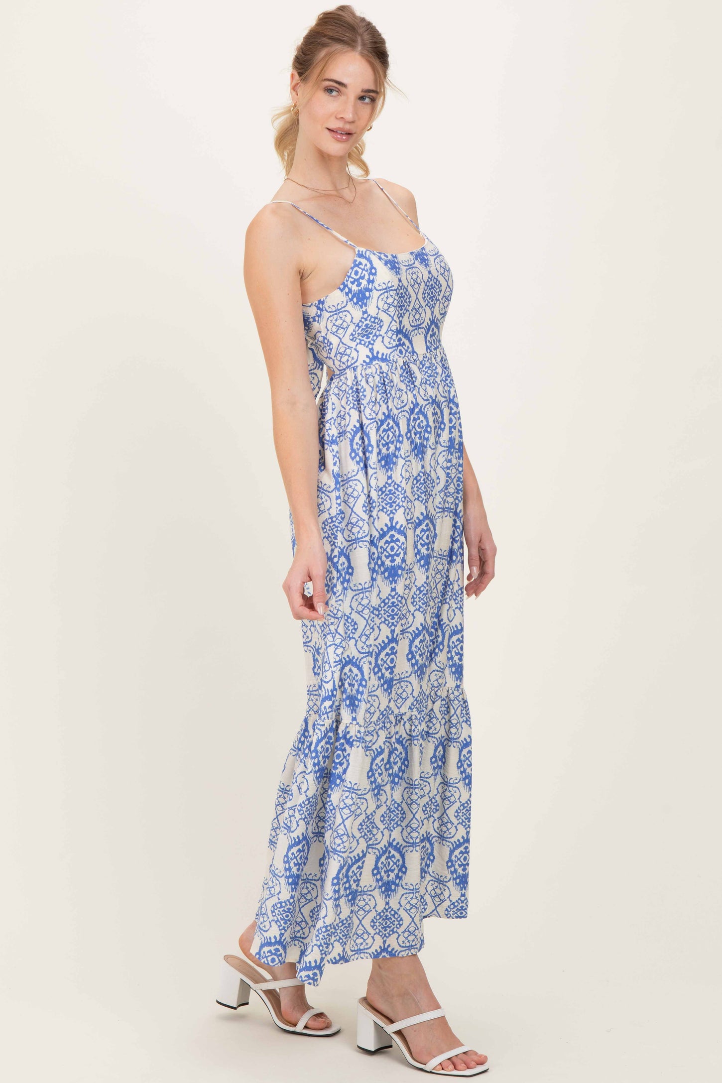 Blue Printed Cutout Tie Back Maxi Dress