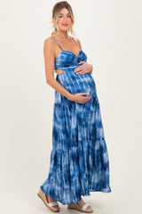 Blue Tie Dye Cutout Tie Back Maternity Maxi Dress