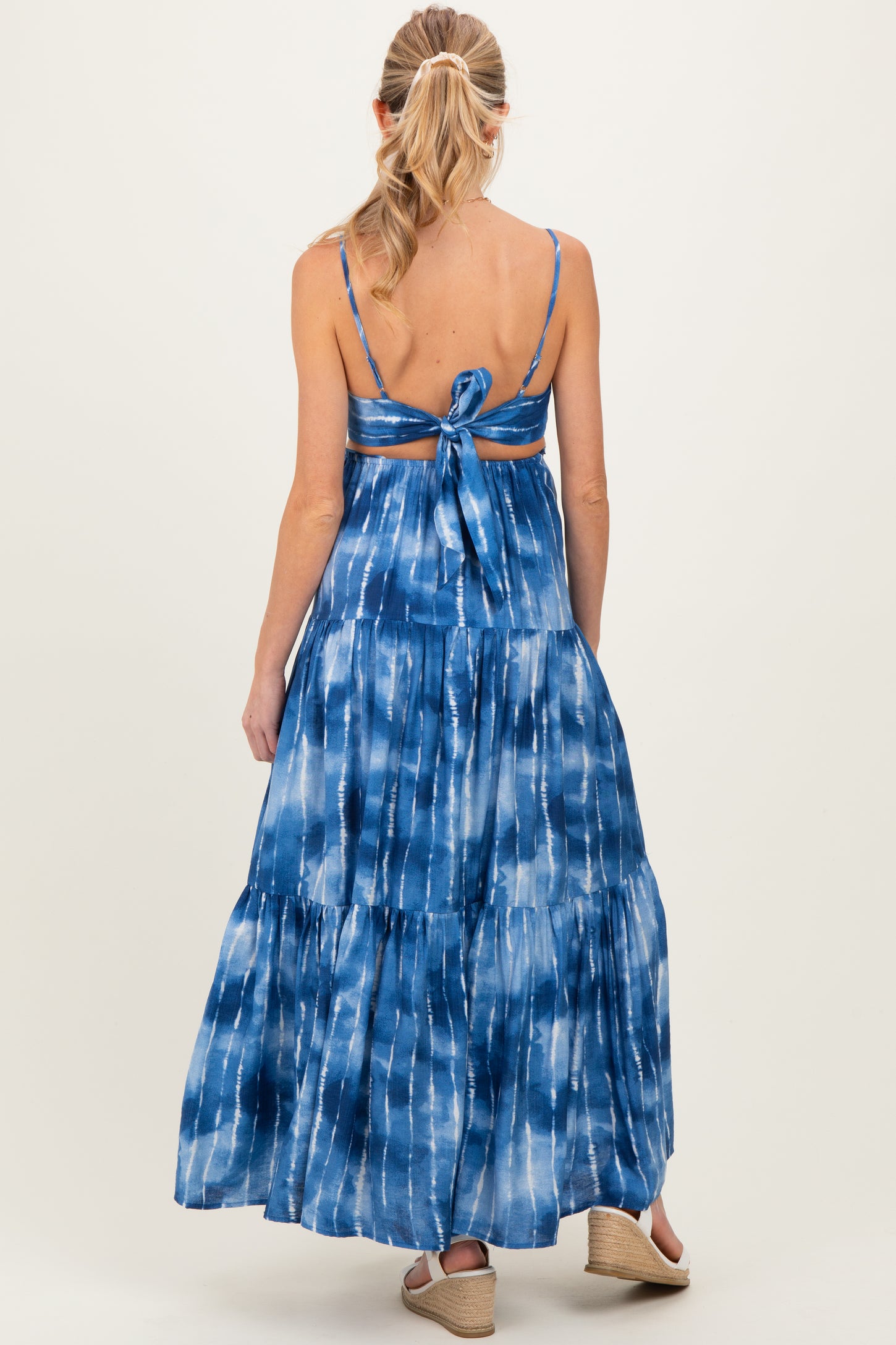 Blue Tie Dye Cutout Tie Back Maternity Maxi Dress