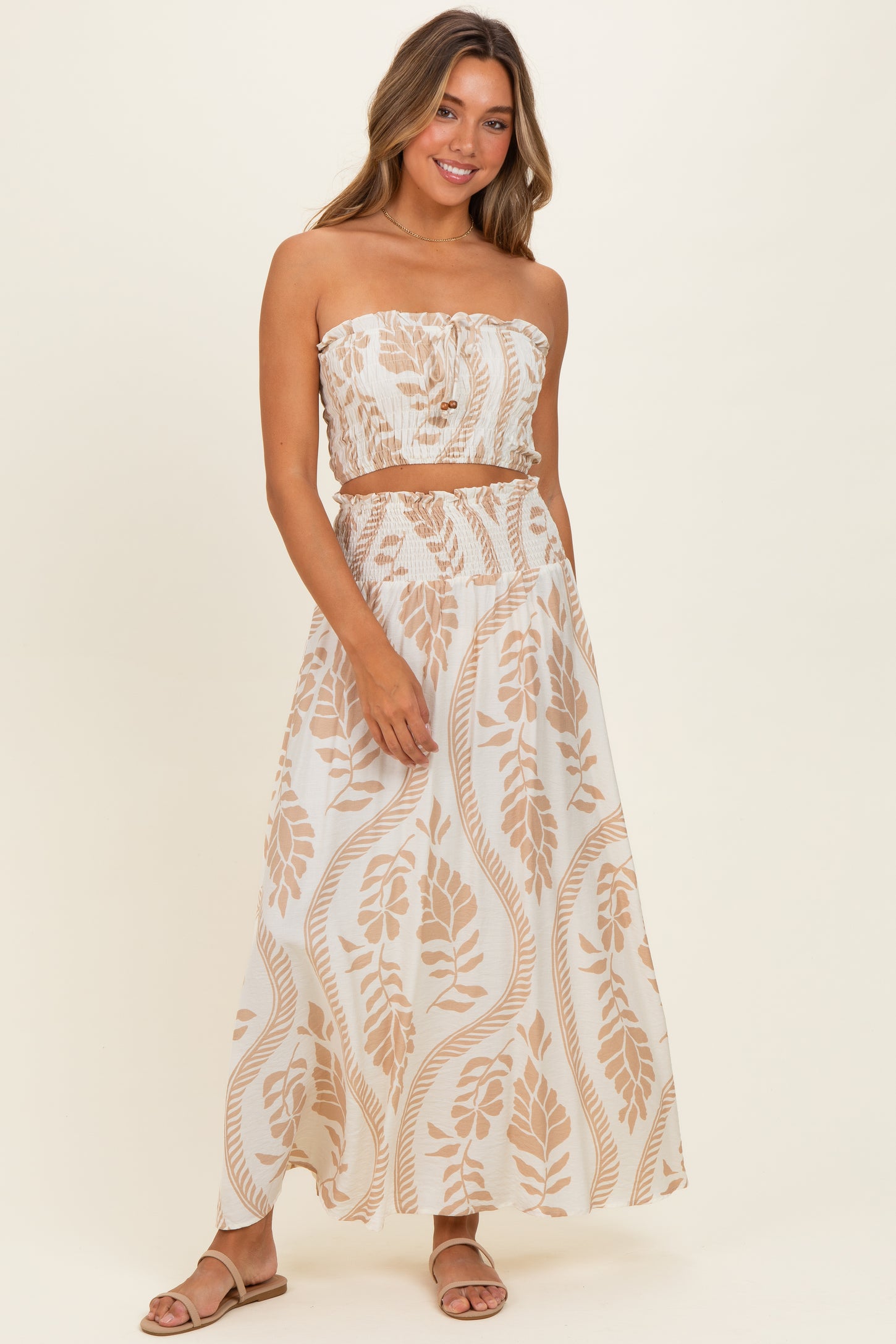 Beige Leaf Print Smocked Crop Top Maxi Skirt Set