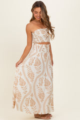 Beige Leaf Print Smocked Crop Top Maxi Skirt Set