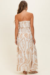 Beige Leaf Print Smocked Crop Top Maxi Skirt Set