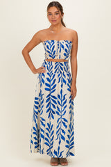 Royal Blue Leaf Print Smocked Crop Top Maxi Skirt Set
