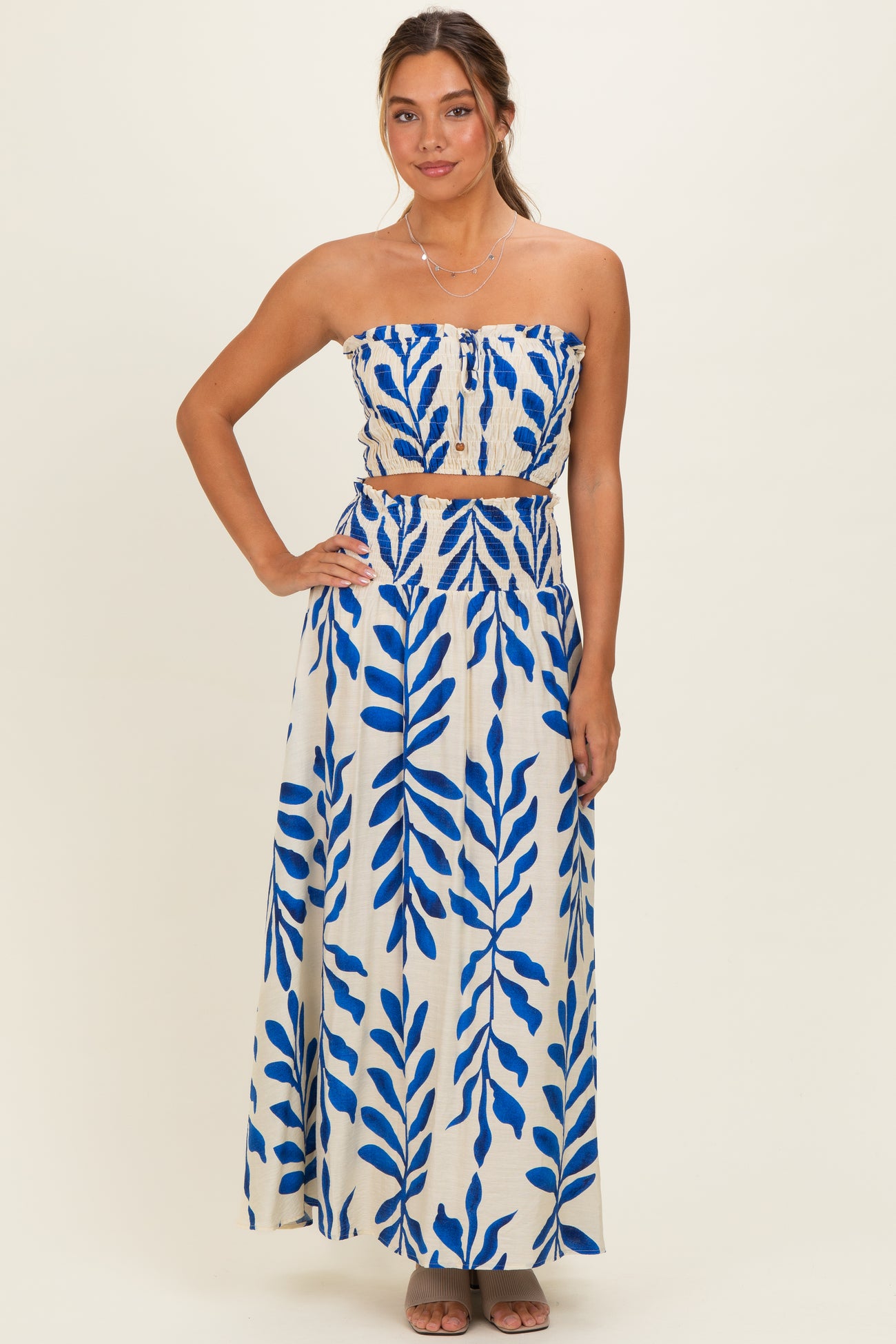Royal Blue Leaf Print Smocked Crop Top Maxi Skirt Maternity Set
