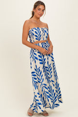 Royal Blue Leaf Print Smocked Crop Top Maxi Skirt Set