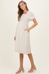 Beige Square Neck Striped Maternity Dress