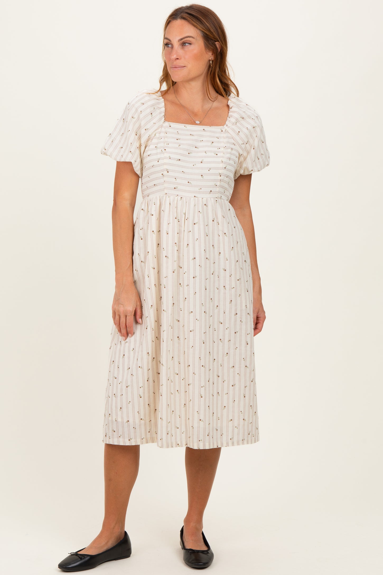 Beige Square Neck Striped Dress