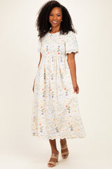 Beige Floral Button Down Collared Midi Dress