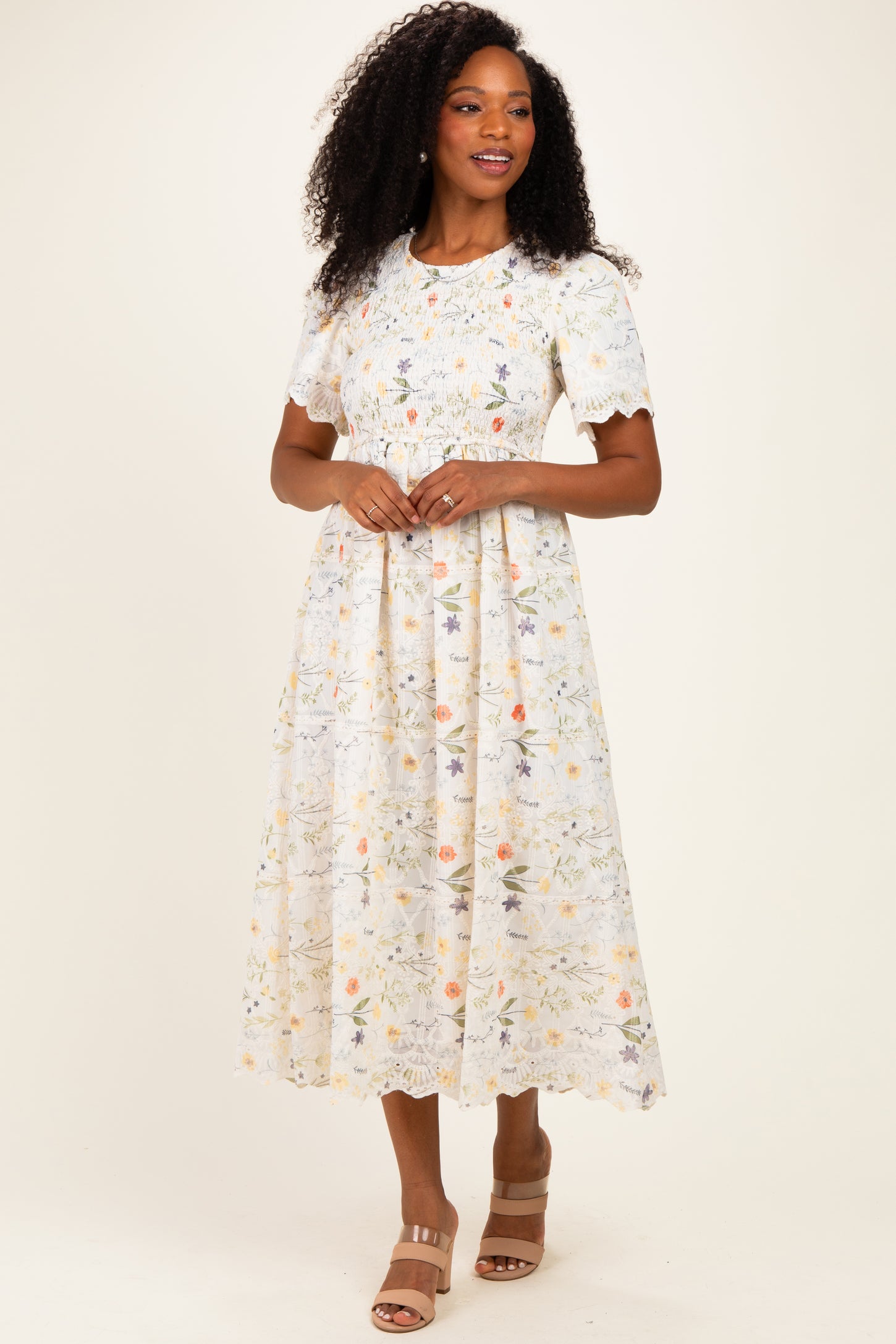 Beige Floral Button Down Collared Midi Dress