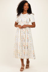 Beige Floral Button Down Collared Midi Dress