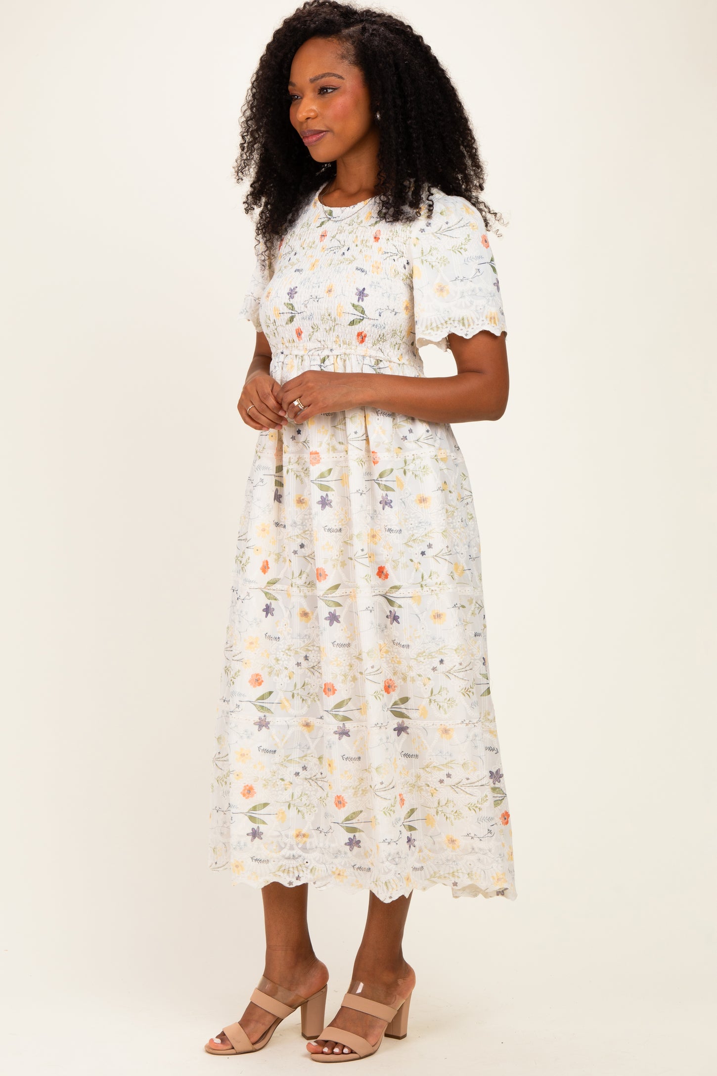 Beige Floral Button Down Collared Midi Dress