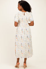Beige Floral Button Down Collared Midi Dress