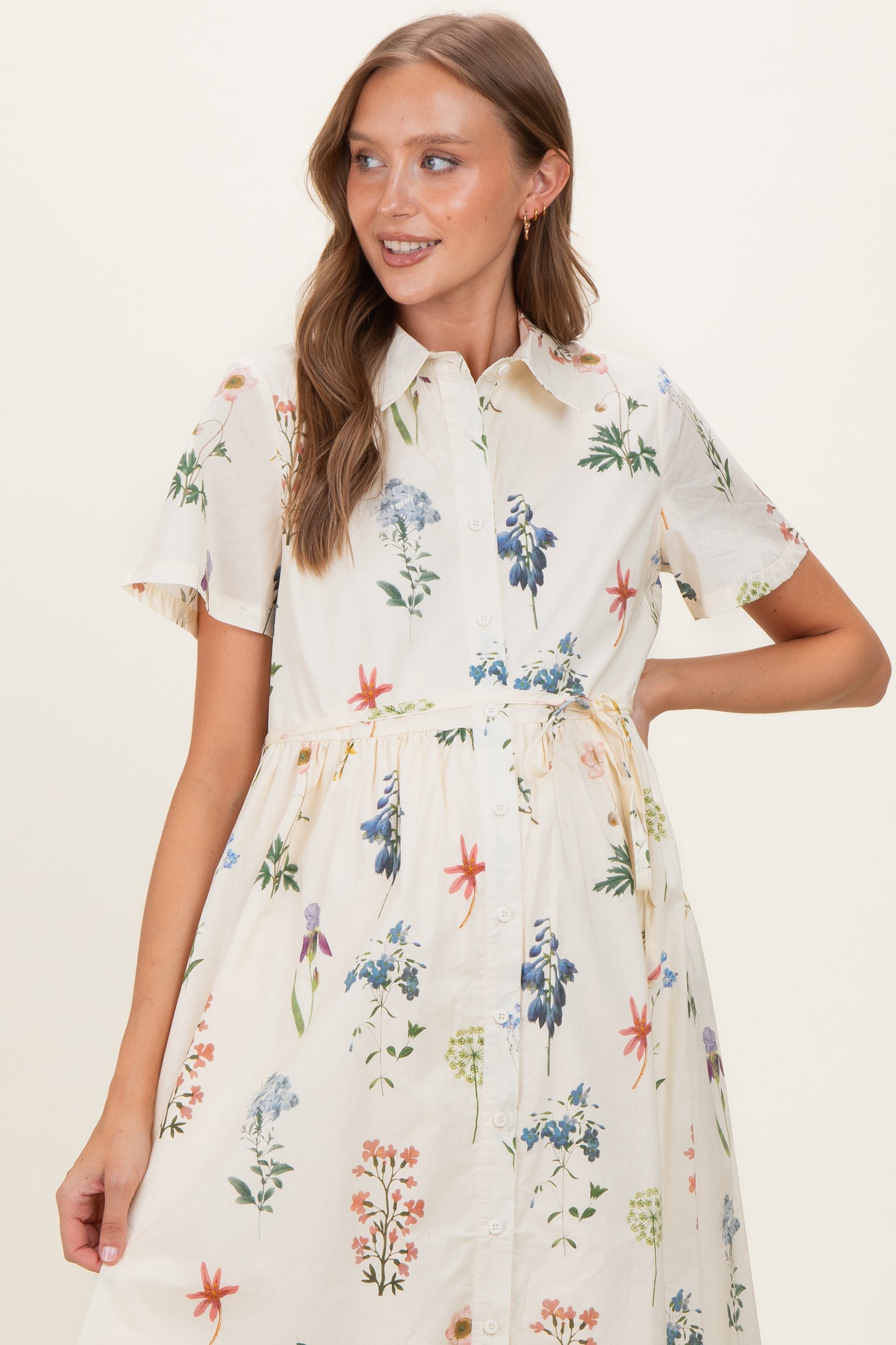 Ivory Floral Button Down Maternity Midi Dress
