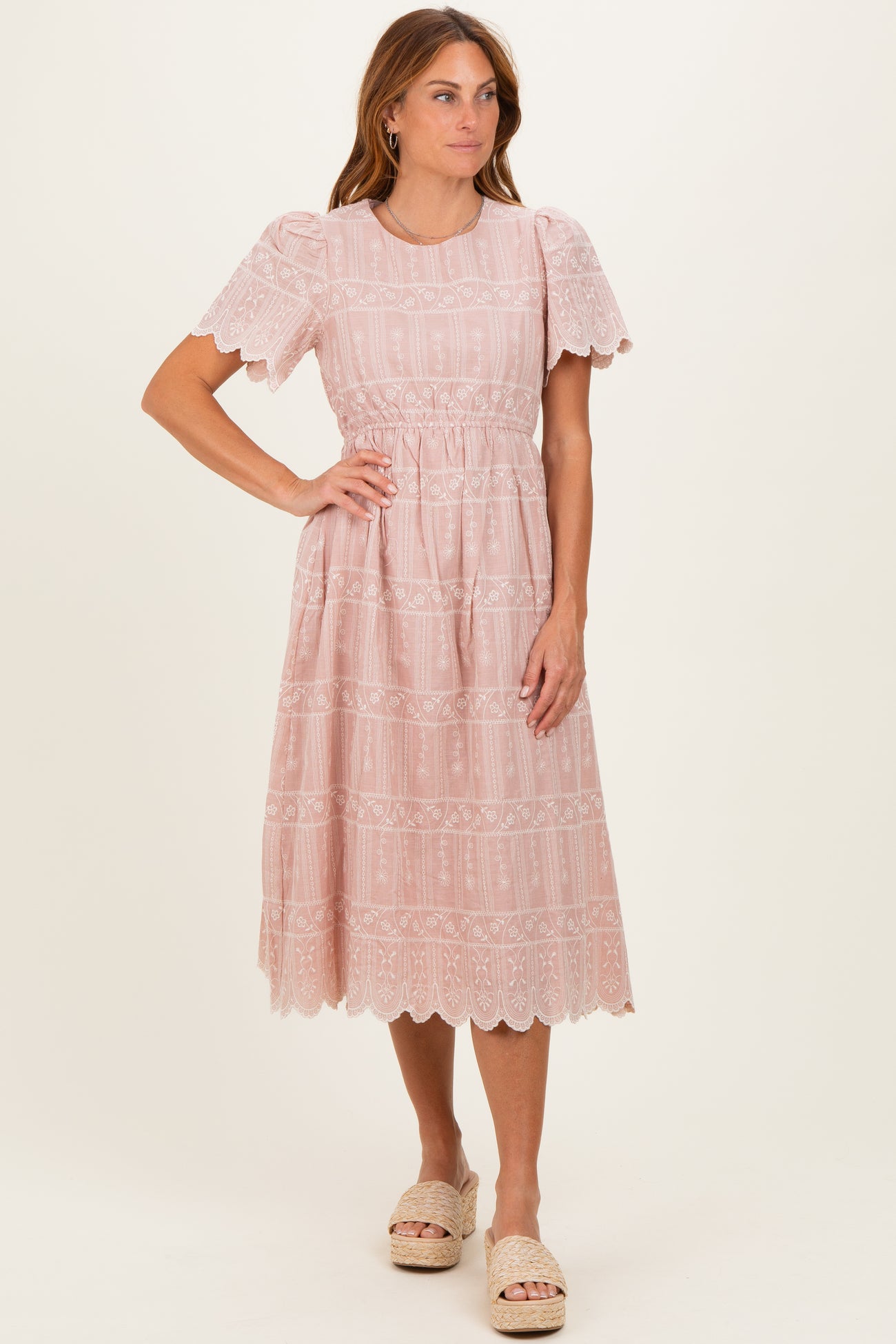 Light Pink Embroidered Floral Maternity Midi Dress