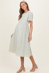 Light Olive Embroidered Floral Maternity Midi Dress