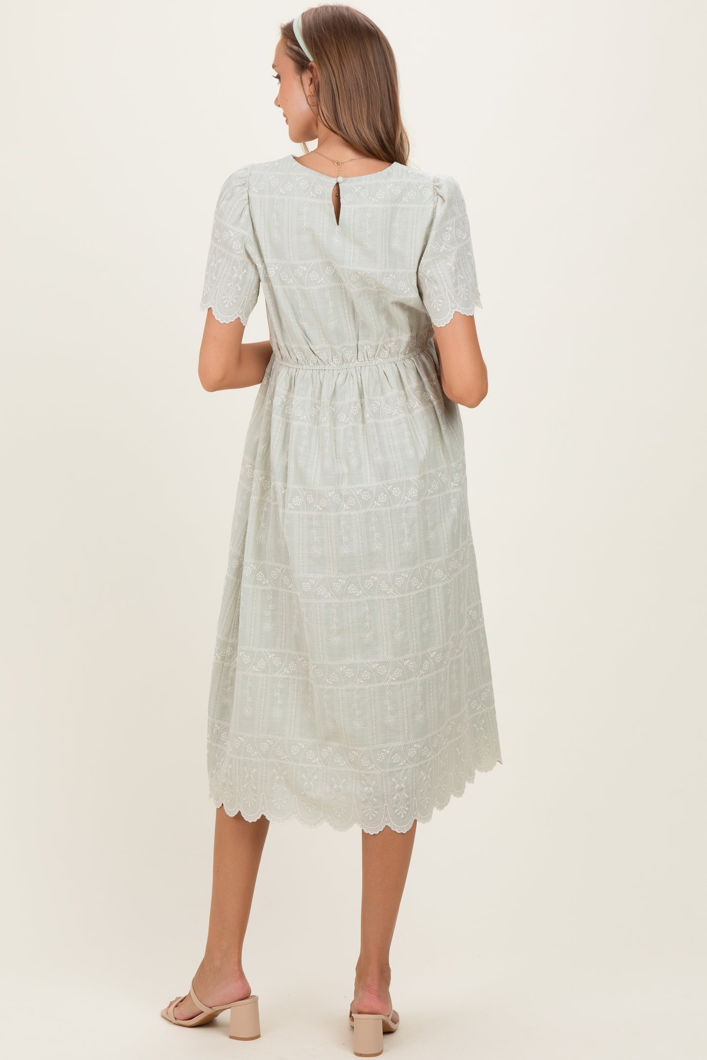 Light Olive Embroidered Floral Maternity Midi Dress