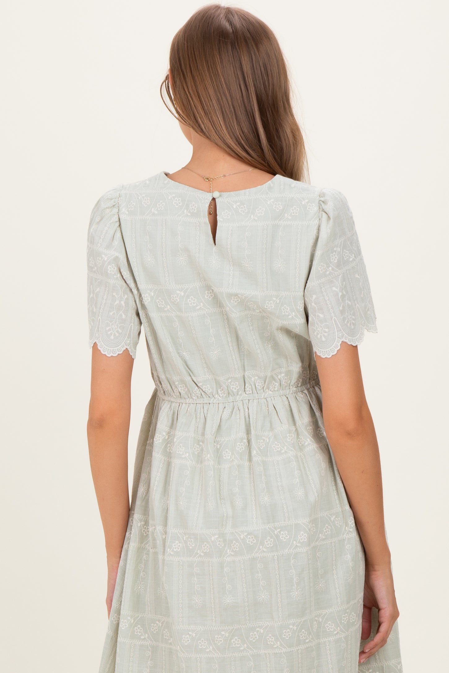 Light Olive Embroidered Floral Maternity Midi Dress