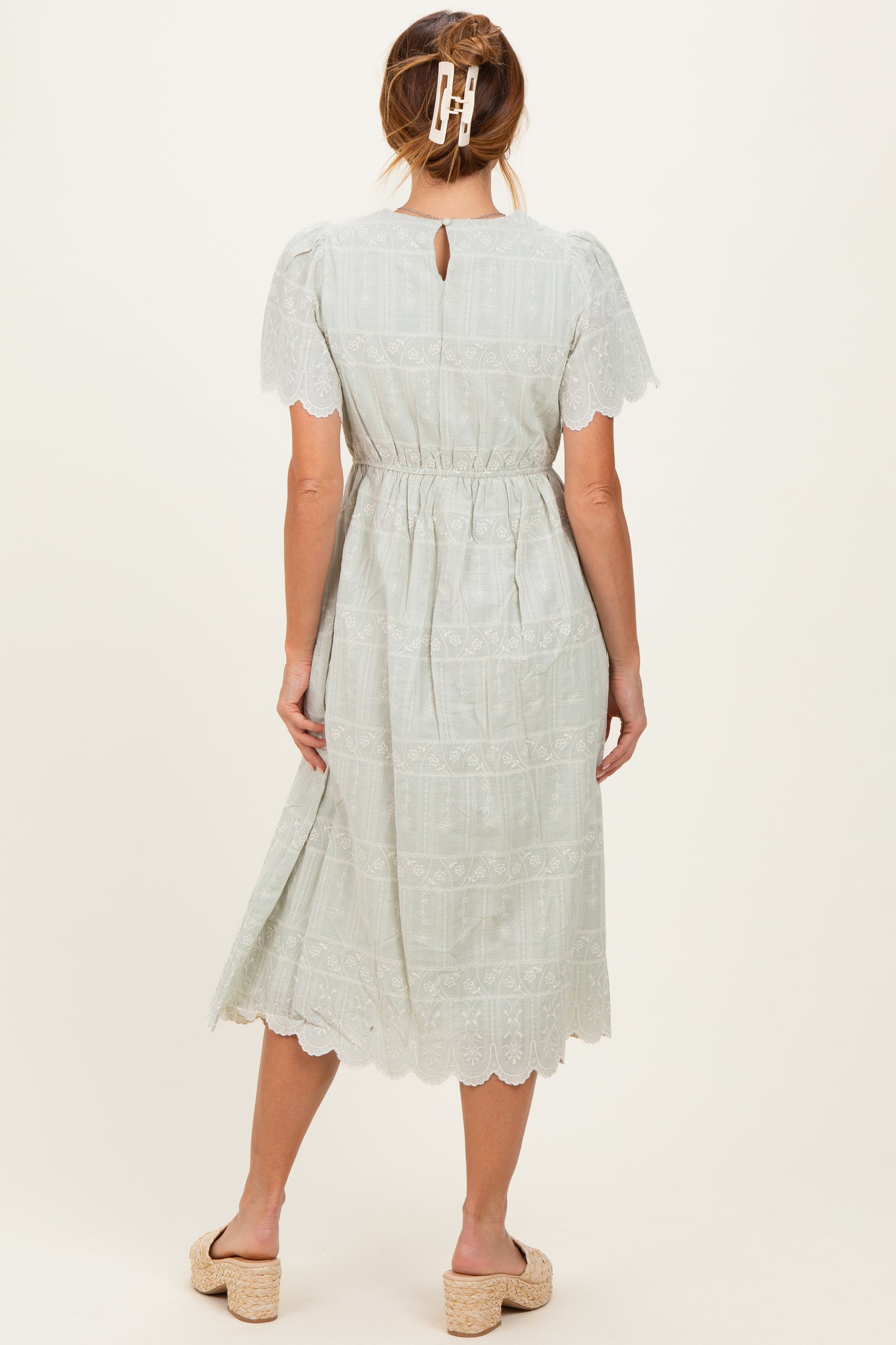 Light Olive Embroidered Floral Midi Dress