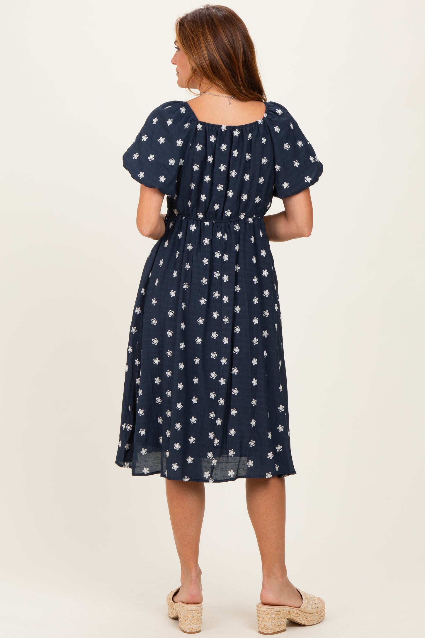 Navy Blue Floral Embroidered Short Sleeve Dress
