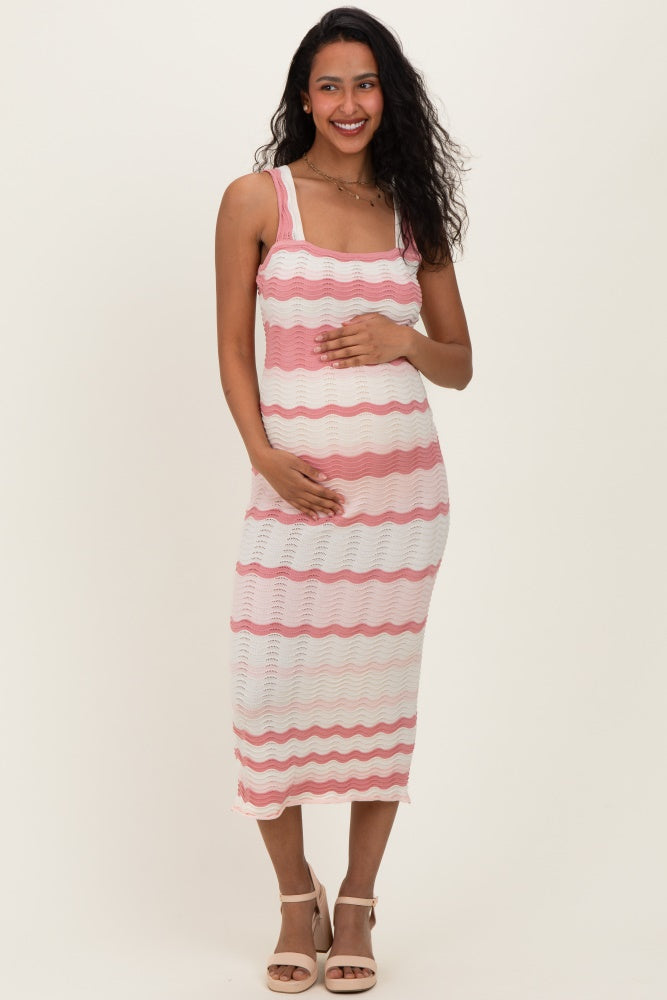 Pink Crochet Knit Striped Maternity Tank Dress