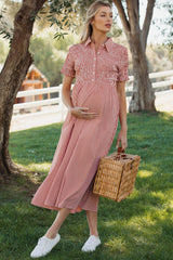 Red Smocked Gingham Collared Maternity Midi Dress