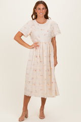 Beige Floral Embroidered Short Sleeve Midi Dress