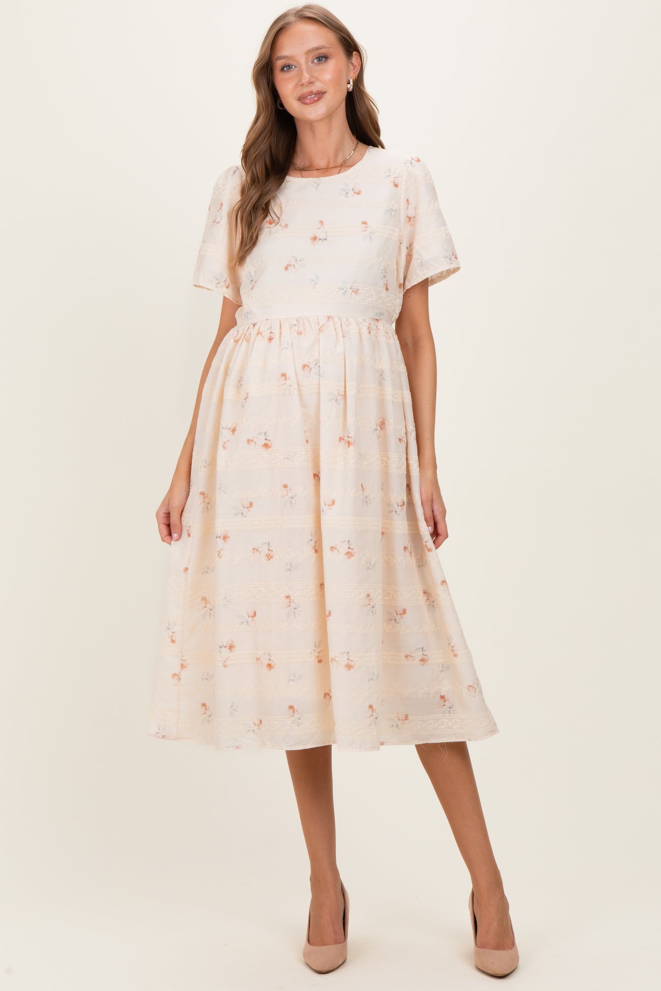 Beige Floral Embroidered Short Sleeve Maternity Midi Dress