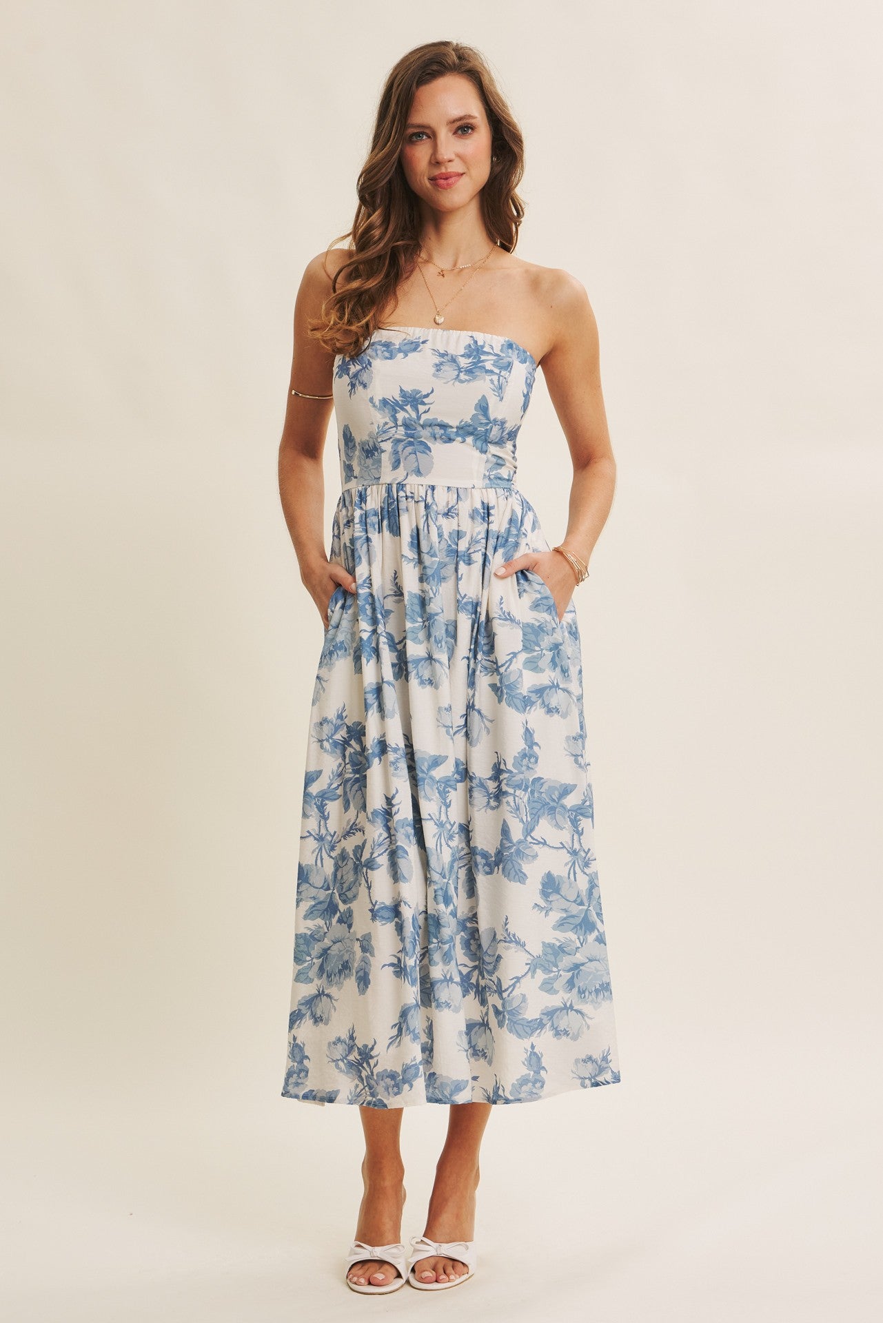 Blue Floral Strapless Midi Dress