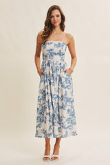 Blue Floral Strapless Midi Dress