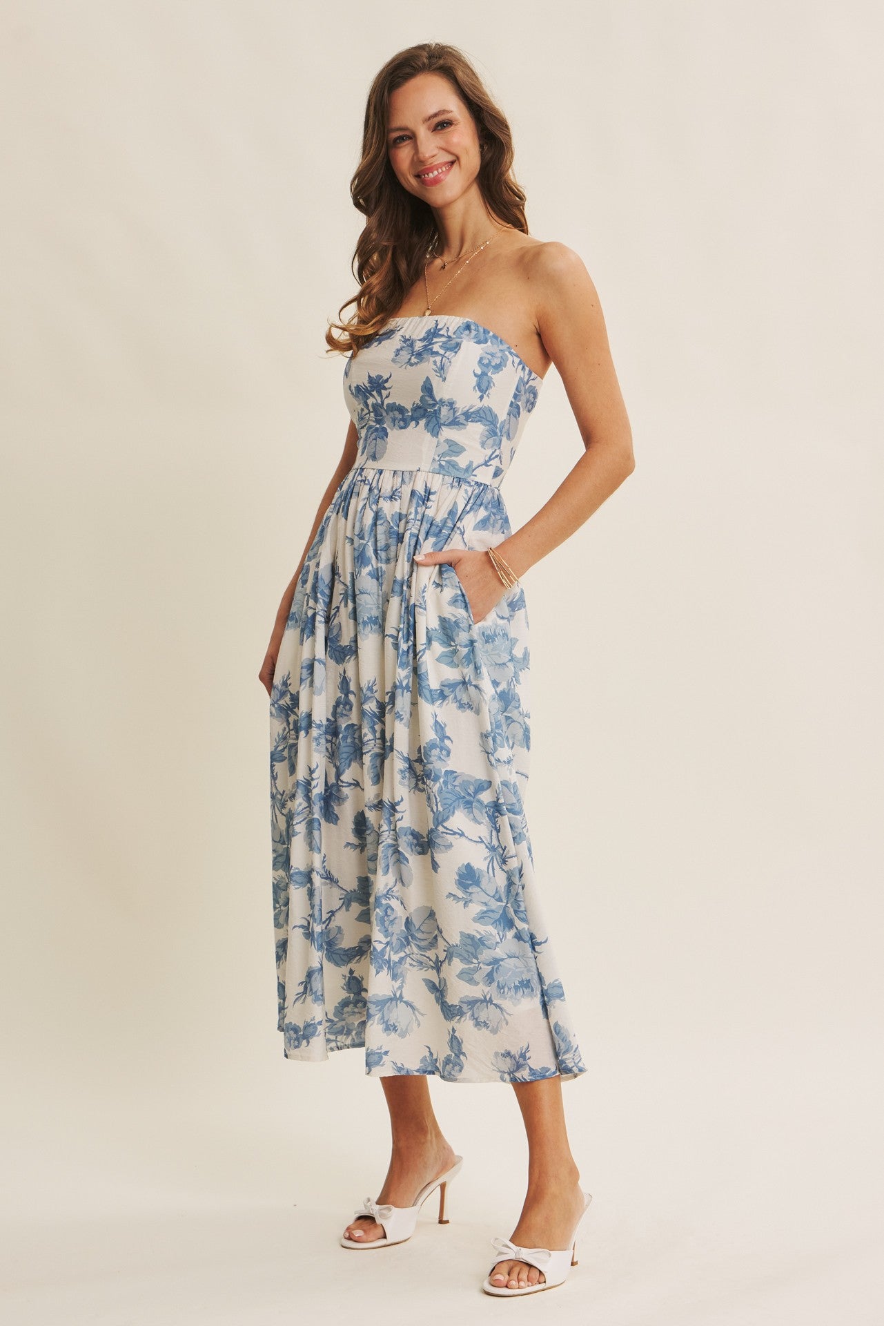 Blue Floral Strapless Midi Dress