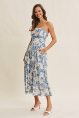Blue Floral Strapless Midi Dress