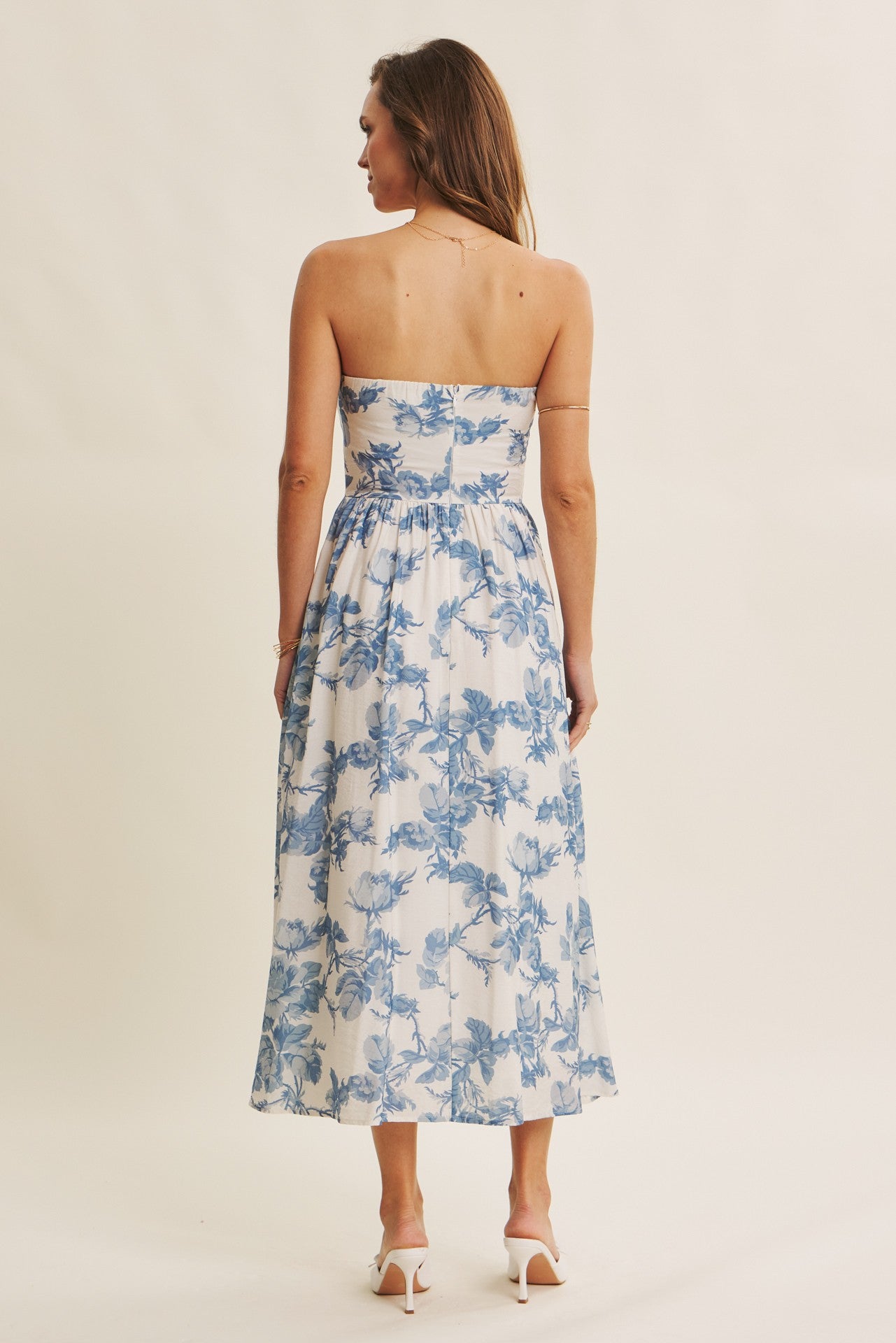 Blue Floral Strapless Midi Dress