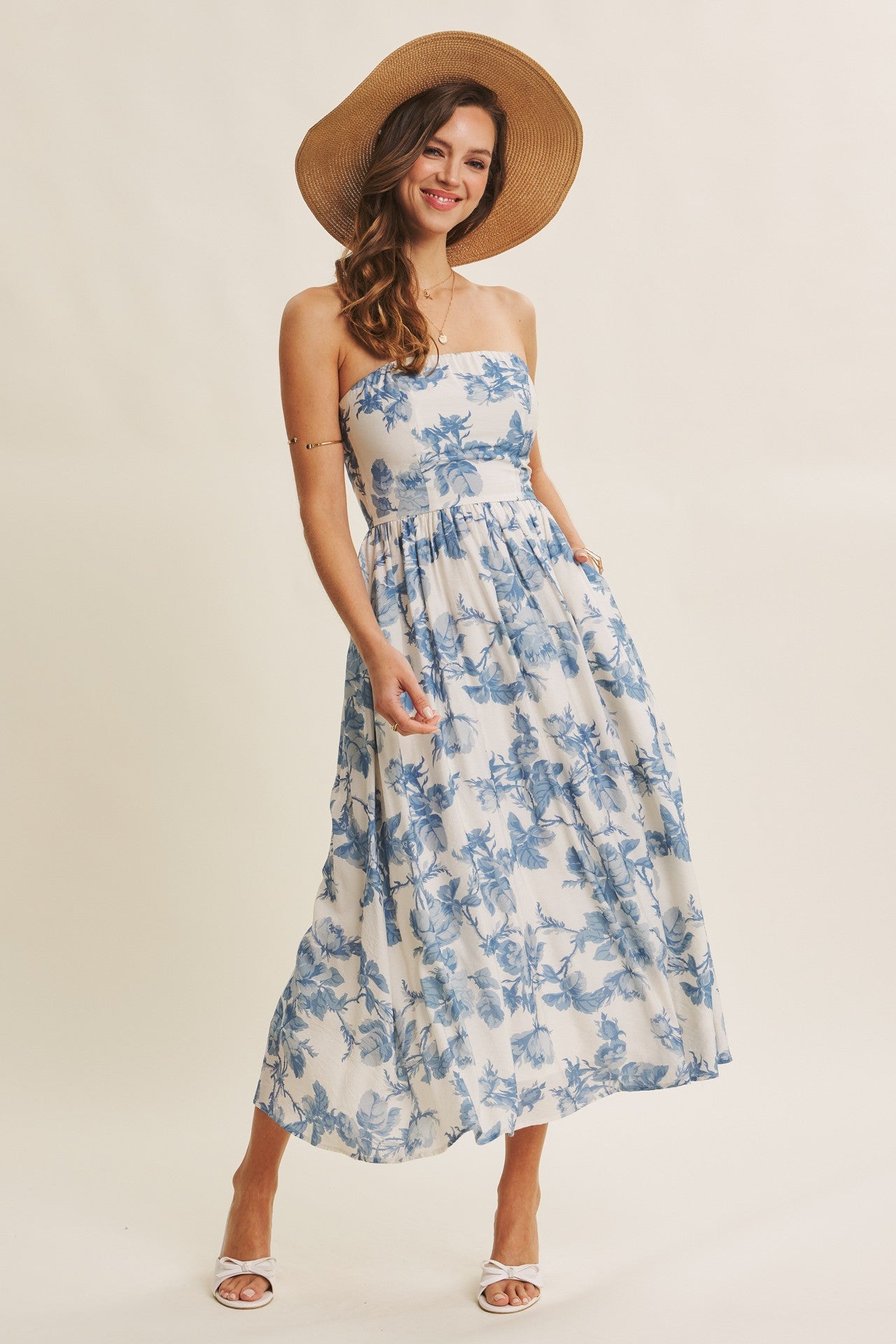 Blue Floral Strapless Midi Dress